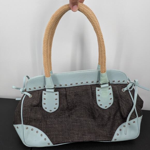 VTG Y2K Kate Landry Matching Handbag & Clutch Set Brown Woven Blue Leather Trim - Picture 1 of 14